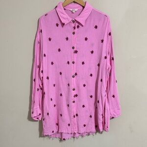 Women's Oversized Embroidered Gauze Button-Up Shirt Pink Raw Hem size S Casual